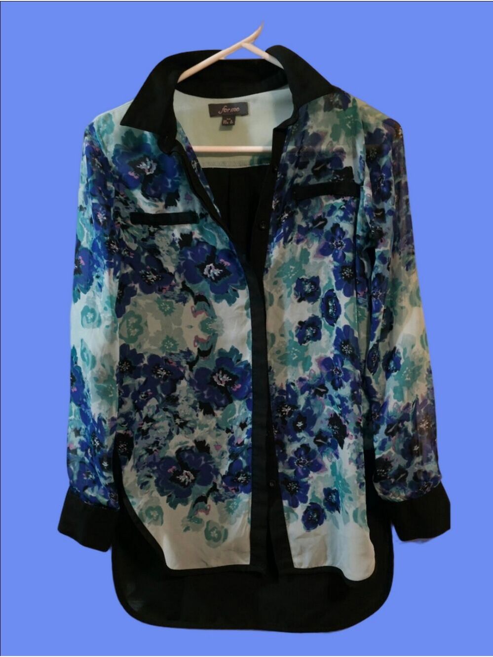 4/$67 Deal! Vintage Blue Floral Sheer Button-Up Blouse with Black Trim